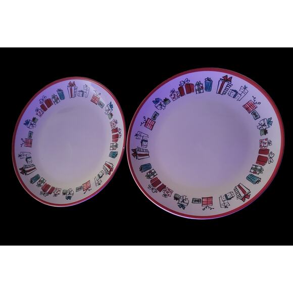 American Atelier Christmas Dinner Plates – Porcelain, 10.5",White Red Rim Set 2 - Picture 5 of 9
